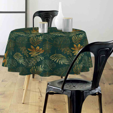 Nappe ronde 180 cm motif Naturine vert – Une touche végétale élégante pour sublimer votre table avec douceur et raffinement.