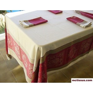 Nappe carrée jacquard 3m/1m60 monogramme écru rouge