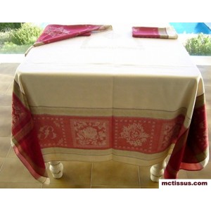 Nappe carrée jacquard 3m/1m60 monogramme écru rouge