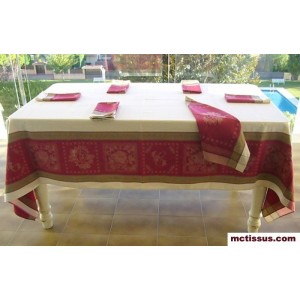 Nappe carrée jacquard 3m/1m60 monogramme écru rouge