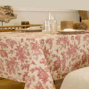 Nappe rectangulaire en coton avec motif toile de Jouy Mini Pastorale rouge, élégante et intemporelle pour sublimer votre table.