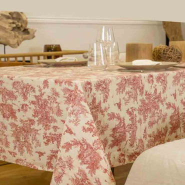 Nappe rectangulaire en coton avec motif toile de Jouy Mini Pastorale rouge, élégante et intemporelle pour sublimer votre table.
