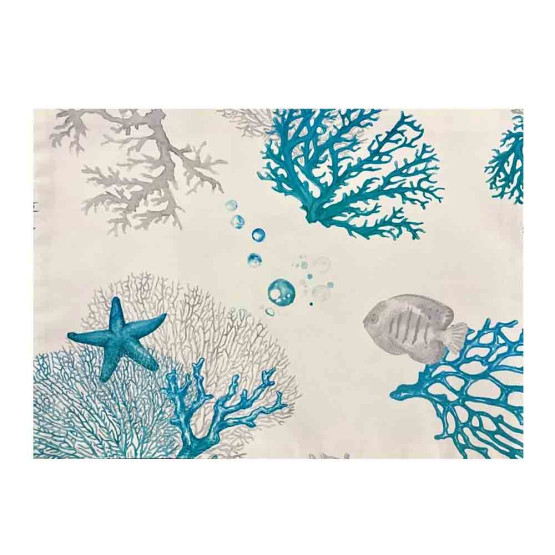 Set de table "Récif Bleu" 35 x 48 cm – motif marin avec coraux, étoile de mer et poisson dans des tons bleus et gris.