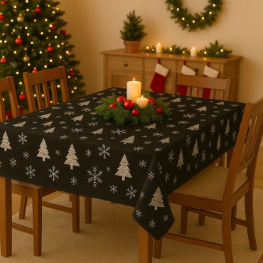 NAPPE NOEL - FLOCON - SAPIN - ANTITACHE - RECTANGLE - NOIR