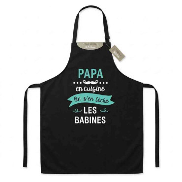 Tablier de cuisine noir “Papa en cuisine, on s’en lèche les babines” – Idée cadeau pour papa