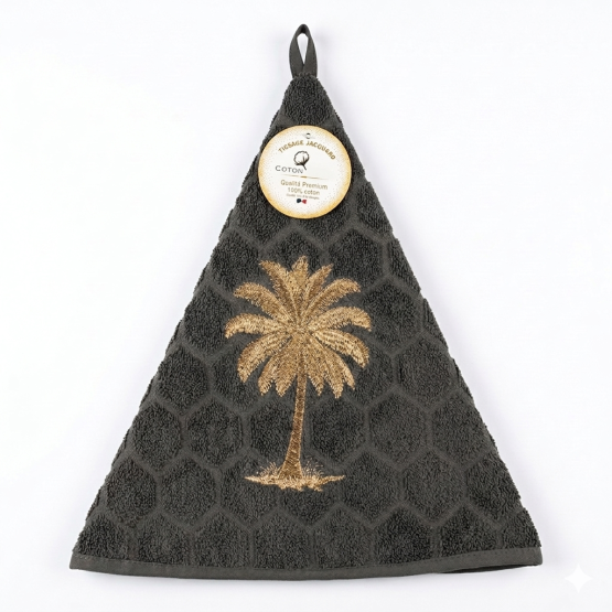 Essuie-main en coton premium gris foncé avec motif palmier brodé doré, format 35 x 70 cm avec attache intégrée.