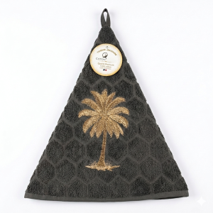 Essuie-main en coton premium gris foncé avec motif palmier brodé doré, format 35 x 70 cm avec attache intégrée.