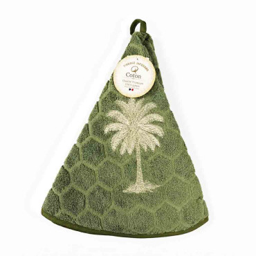 Essuie-main en coton premium vert avec motif palmier brodé doré, format 35 x 70 cm avec attache intégrée.