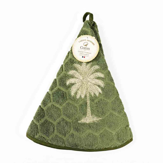 Essuie-main en coton premium vert avec motif palmier brodé doré, format 35 x 70 cm avec attache intégrée.