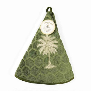 Essuie-main en coton premium vert avec motif palmier brodé doré, format 35 x 70 cm avec attache intégrée.