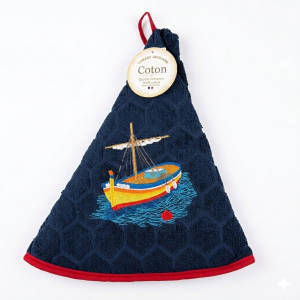 Essuie-main en coton premium bleu marine avec motif pointu brodé , format 35 x 70 cm avec attache intégrée.