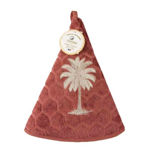 Essuie-main en coton premium terra cotta avec motif palmier brodé doré, format 35 x 70 cm avec attache intégrée.