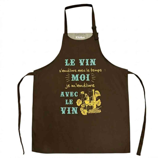 Tablier marron avec inscription humoristique sur le vin en français.