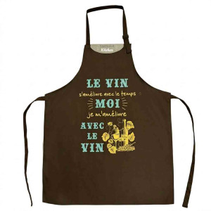 Tablier marron avec inscription humoristique sur le vin en français.