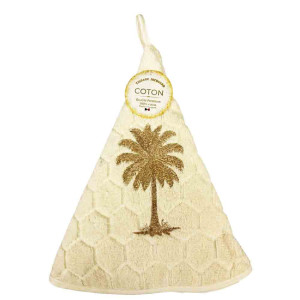 Essuie-main en coton premium écru foncé avec motif palmier brodé doré, format 35 x 70 cm avec attache intégrée.