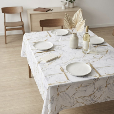Nappe Albatre effet marbre blanc et doré en polyester antitache et infroissable sur une table élégante.
