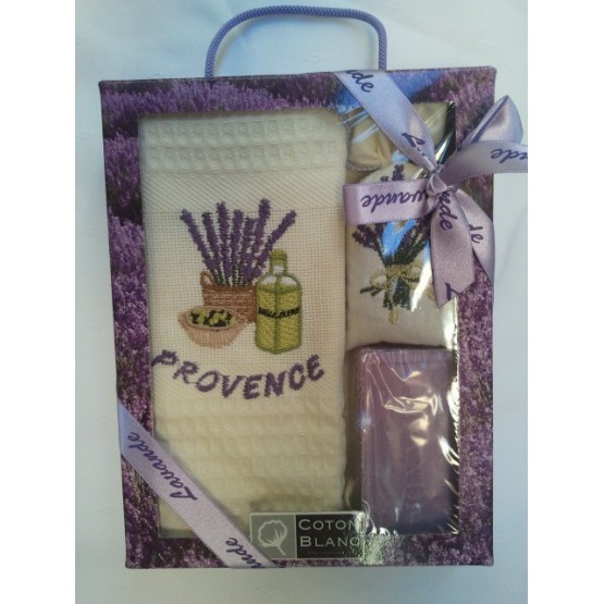 Coffret Torchon coton nid d'abeille écru et savon lavande et sachet de lavande