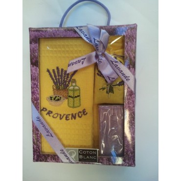 Coffret Torchon coton nid d'abeille jaune et savon lavande et sachet de lavande