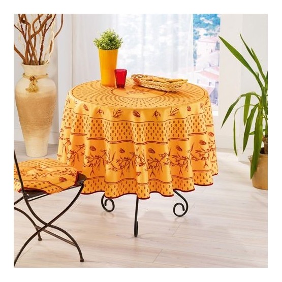 Nappe ronde anti tache infroissable olive Cigale jaune rouge 1m80