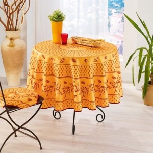 Nappe ronde anti tache infroissable olive Cigale jaune rouge 1m80