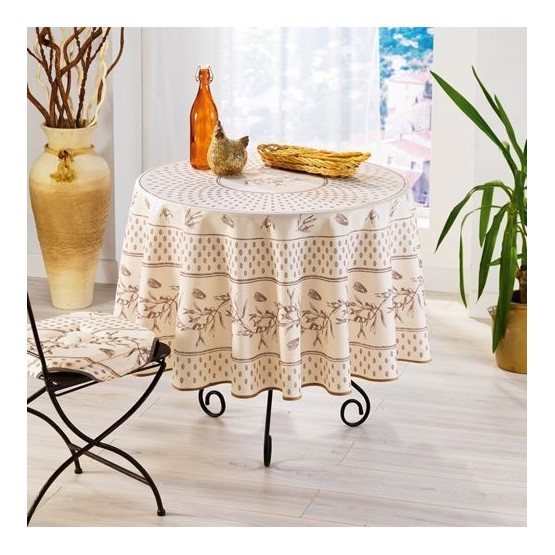 Nappe ronde anti tache infroissable olive Cigale écru beige 1m80 Nappe ronde anti tache infroissable olive Cigale écru beige 1m80
