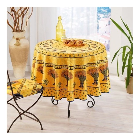 nappe-ronde-180cm-polyester-provençale-bouquet-blé-jaune-olive-bleu-table-tablecloth