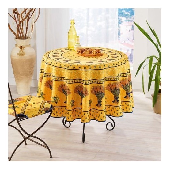 Nappe provençale, Rameaux d'olives, jaune, ronde Ø 160 cm, 100