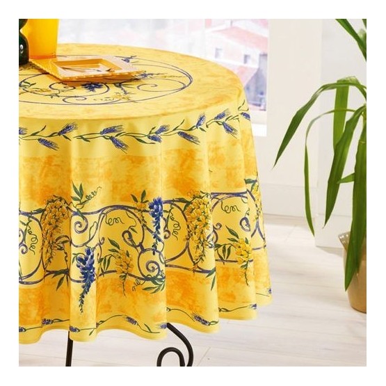 Nappe ronde anti tache sans repassage Glycine et Lavande jaune 1m80 