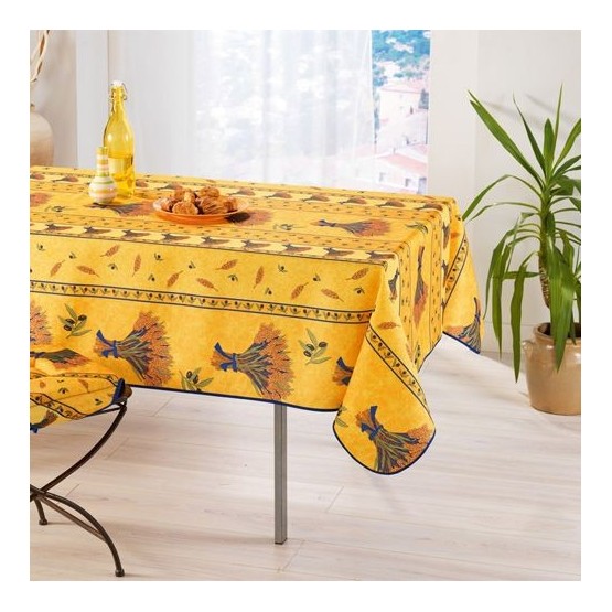 nappe-rectangle-provençale-bouquet-de-blé jaune-bleu-antitache-infroissable-polyester-tablecloth