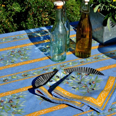 Nappe-rectangle-Clos des oliviers bleu-enduit- plastifiée- provençale- 2m / 1m50