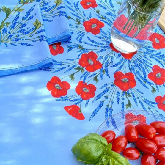 Nappe ronde 1 m 80 coton coquelicot lavande bleu ciel 1m80