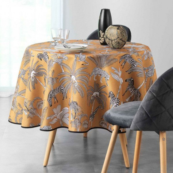 nappe ronde - africana - jaune- anti tache - infroissable - animaux - savane - zèbre - panthère - singe