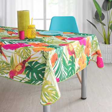 nappe tropical - rectangle - perroquet - antitache - polyester - infroissable - sans repassage - multicolore - multi couleur