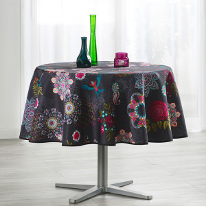 nappe-ronde-oiseau-rosace-indienne-fleur-polyester-anti-tache-grise-infroissable