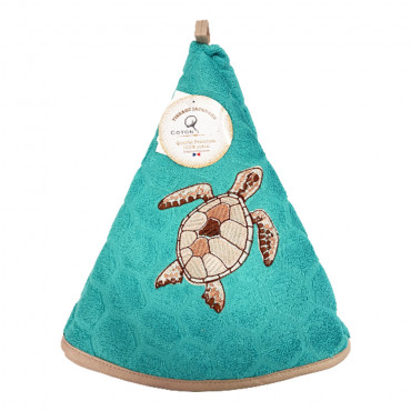 essuie-main-rond-coton-éponge-tortue-bleu-jacquard-qualite premium