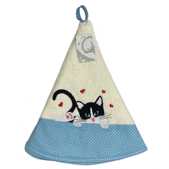 essuie main-rond-éponge-chat-chaton-écru-bleu-coton-coeur-rouge-petit-pois-torchon