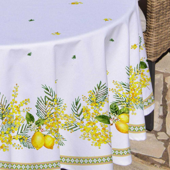 Nappe Ronde En Vinyle Newbridge - Motif Provençal Citron Bleu Et Jaune - Diamètre 177 Cm - Imperméable Avec Dos En Flanelle
