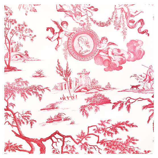 tissu toile de jouy - diane écru rouge - ange - coton - largeur 280 cm - scène de chasse