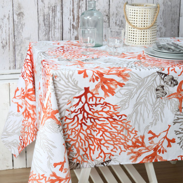 nappe-corail-coraux-rectangle-corail-orange-coton-polyester-enduit-plastifié-motif bord de mer-entretien facile