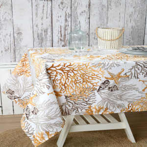 nappe-corail-coraux-rectangle-jaune-moutarde-coton-polyester-enduit-plastifié-motif bord de mer-entretien facile