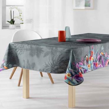 nappe t2219 - oiseau - toucan - gris - anthracite - polyester - antitache- infroissable - sans repassage - rectangle - tropical