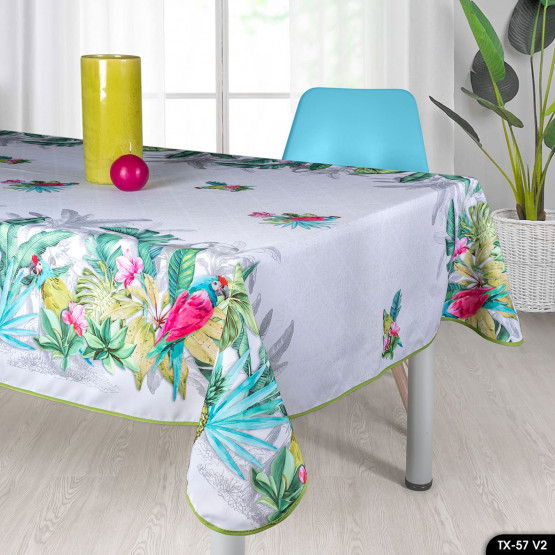 nappe tx57v2 - oiseau - ara - perroquet - blanche - polyester - antitache- infroissable - sans repassage - rectangle - tropical