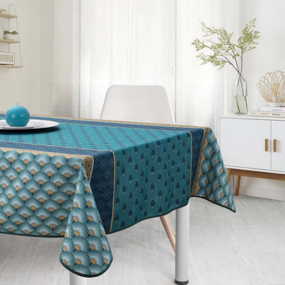 nappe-rectangle-déco-écaille-vert-émeraude-bleu-pétrole-chemin-de-table-anti-tache-infroissable-polyester