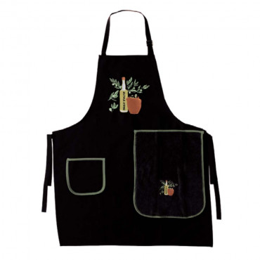 tablier-provençale-cuisine-coton-noir-brodé-bouteille-huile-olive-coton-avec-essuie-main-intégré