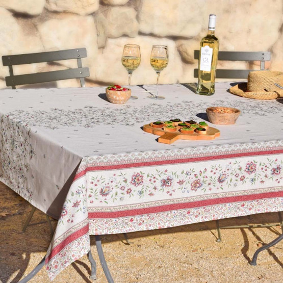 Nappe rectangle provençale beaucaire ivoire rose coton enduit plastifiée  double bordure 2m50 x 1m55