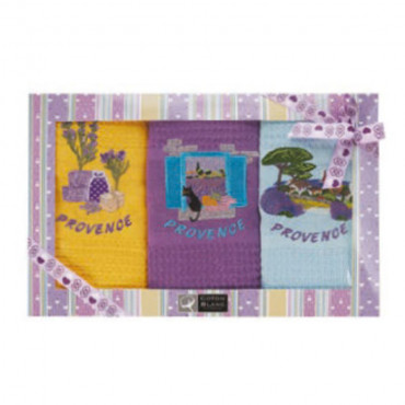 coffret 3 torchons - coton - nid d'abeille - 50 CM X 70 CM - brodé - lavande - chat - Provence