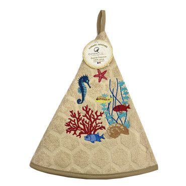 essuie-main-torchon-coton-brodé-marin-beige-fond-marin-poisson-corail-hypocampe-
