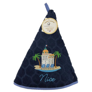 essuie-main-rond-éponge-coton-brodé-négresco-chaise bleue-palmiers-Nice-cote-d-azur-qualité-premium-bleu-marine