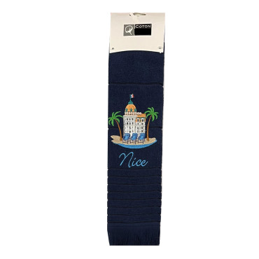 essuie-main-torchon-rectangle-coton-éponge-brodé-nice-negresco-bleu marine