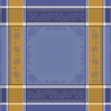 Nappe carrée Olea Jacquard en bleu et jaune – Élégance provençale et praticité réunies pour une table chaleureuse et raffinée.